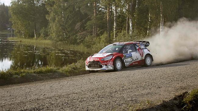 British driver Kris Meeke and Irish co-driver Paul Nagle with their Citroen DS3 WRC compete during the second day of the Neste Rally Finland FIA World Rally Championship at Surkee special stage in Jyväskylä Finland