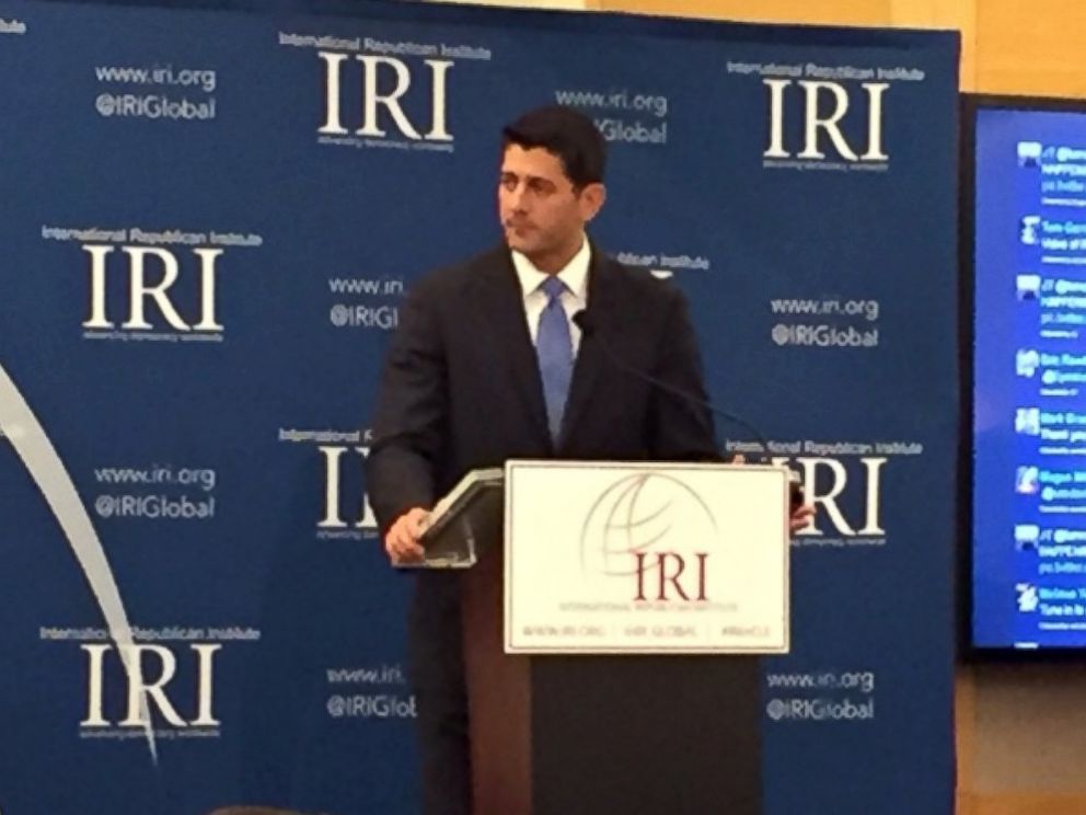 Meghan Keneally  ABC News Speaker Paul Ryan addresses the International Republican Institute's panel in Cleveland on Tuesday July 19,2016