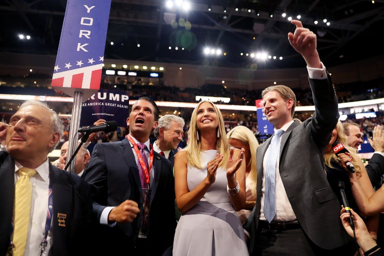 Donald Trump Jr. along with Ivanka Trump and Eric Trump, announce take part in the roll call in support of Republican presidential candidate Donald Trump on the second day of the Republican National Convention