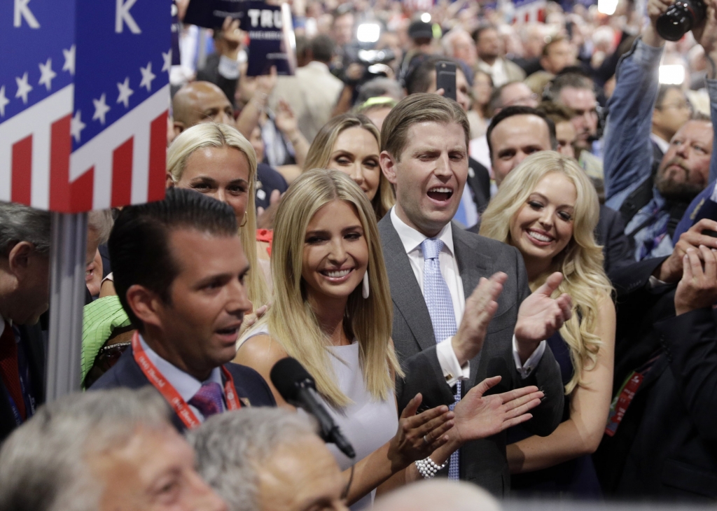 Republican Presidential Candidate Donald Trump's children Donald Trump Jr. Ivanka Trump Eric Trump and Tiffany Trump celebrate on the convention floor during the second day session of the Republican National Convention in Cleveland Tuesday July