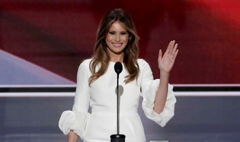 Melania Trump waves as she arrives to speak at the Republican National Convention in Cleveland on July 18