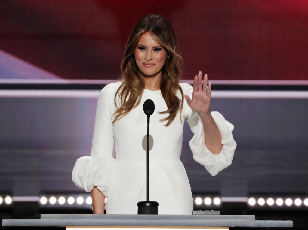 Melania Trump waves to the crowd after delivering a speech Monday night at the Republican National Convention in Cleveland