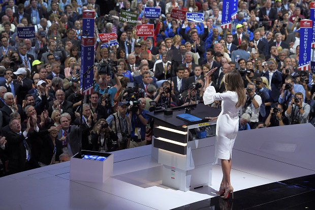 Melania Trump wife of Republican Presidential Candidate Donald Trump waves to the delegates after her speech during the opening day of the Republican National Convention in Cleveland Monday