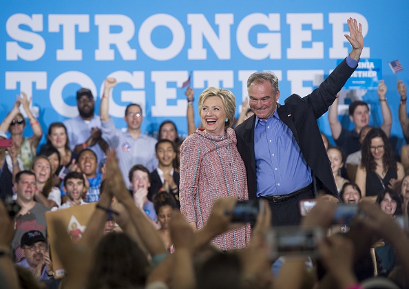 US Democratic Presidential candidate Hillary Clinton and US Senator Tim Kaine Democrat of Virginia arrive for a campaign rally at Ernst Community Cultural Center in Annandale Virginia