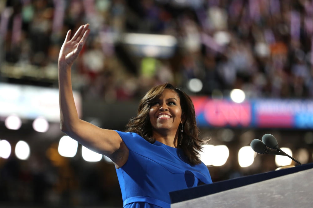 First lady Michelle Obama acknowledges the crowd before delivering her speech during the Democratic National Convention in Philadelphia on Monday