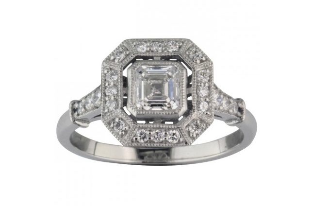 Asscher Cut Diamond Cluster Ring in the Art Deco Style