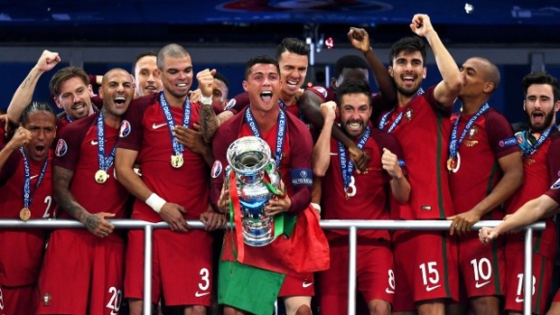 Portugal celebrates with Euro 2016 trophy