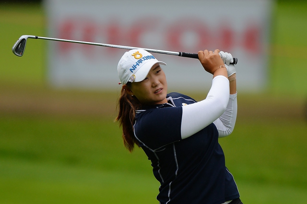 Mirim Lee hits her second shot on the 4th hole during the second round of the Ricoh Women's British Open at Woburn Golf Club