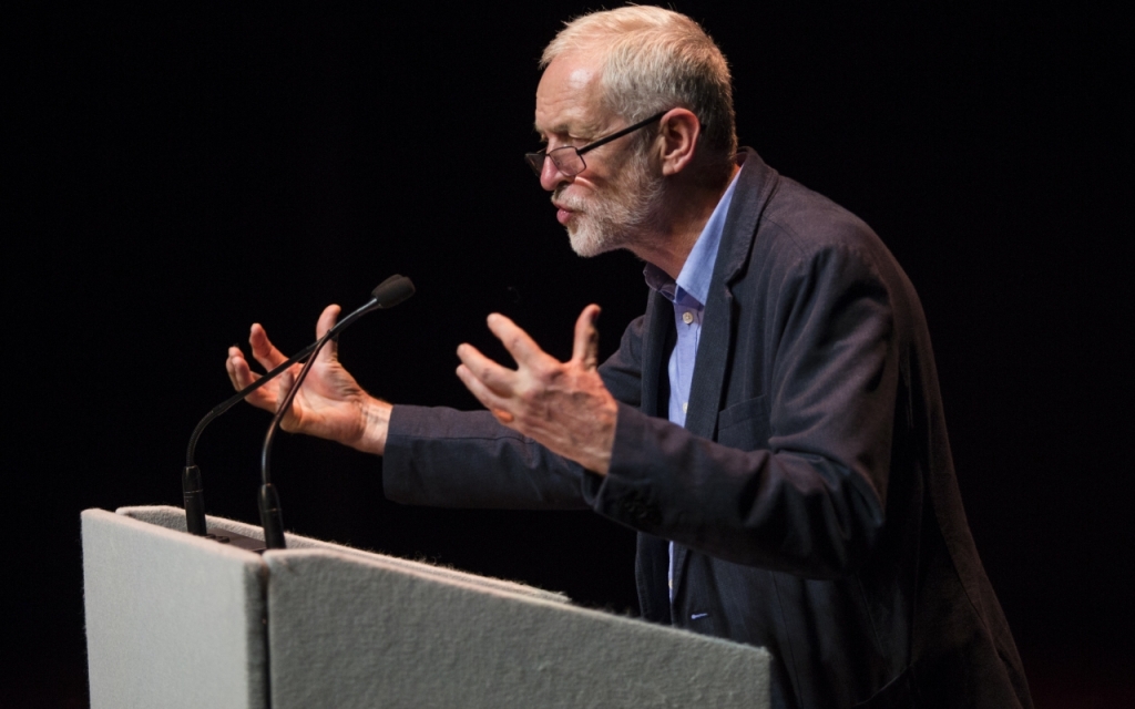 Labour leader Jeremy Corbyn speaks at a rally at The Lowry Theatre in Salford