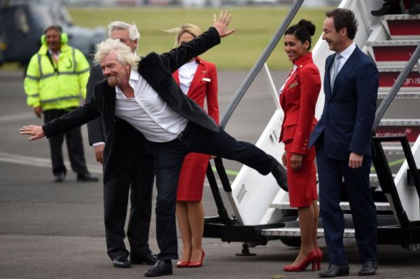 Virgin boss Richard Branson with Virgin Atlantic staff