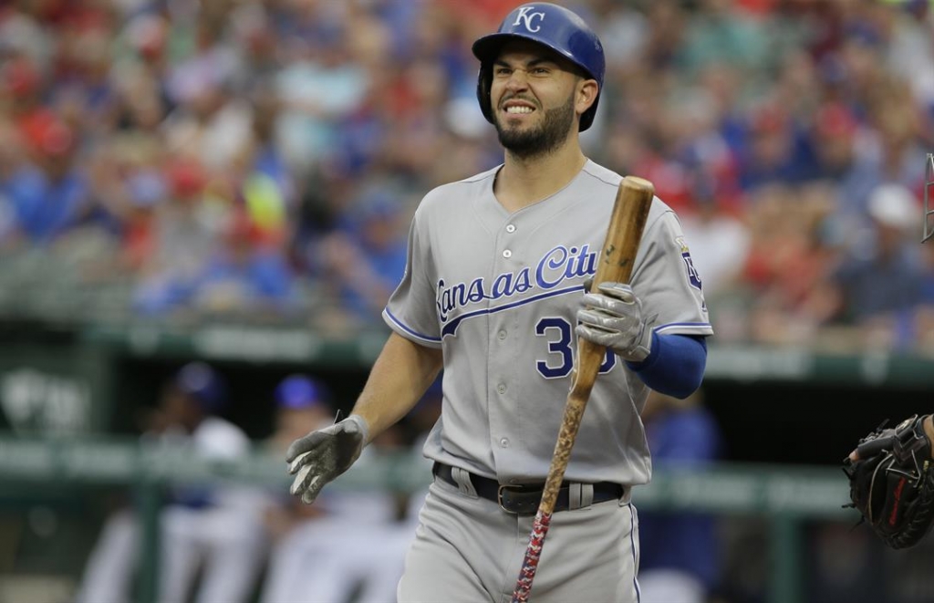 Kansas City Royals first baseman Eric Hosmer reacts to striking out during the first inning of a baseball game against the Texas Rangers in Arlington Texas Thursday