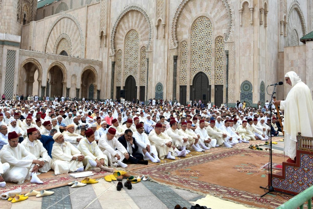 Muslims are gathering to perform Eid al Fitr prayer at Hassan II Mosque in Casablanca Morocco