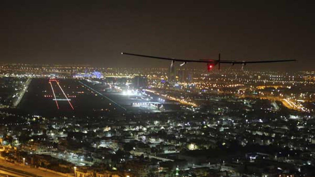 The Solar Impulse 2 plane approaches to land at Al Bateen Executive Airport in Abu Dhabi United Arab Emirates. AP