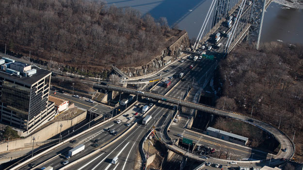 The New Jersey side of the George Washington Bridge which connects Fort Lee NJ and New York City is seen