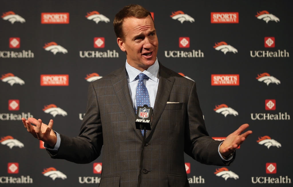 Quarterback Peyton Manning addresses the media as he announces his retirement from the NFL at the UCHealth Training Center