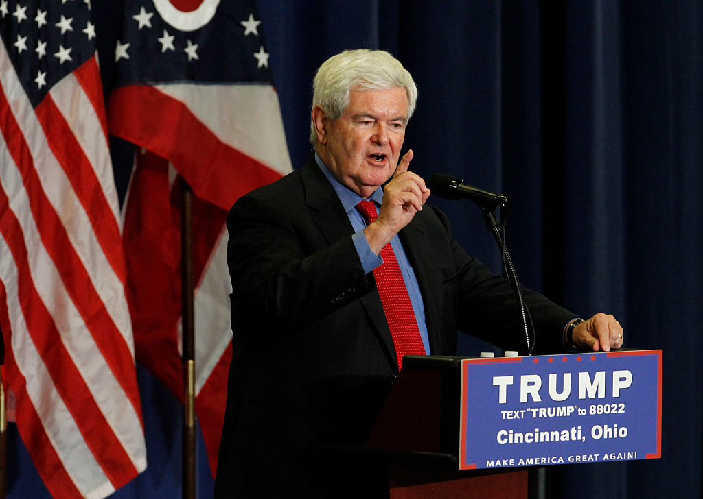 Former Speaker of the House Newt Gingrich introduces Republican Presidential candidate Donald Trump during a rally at the Sharonville Convention Center