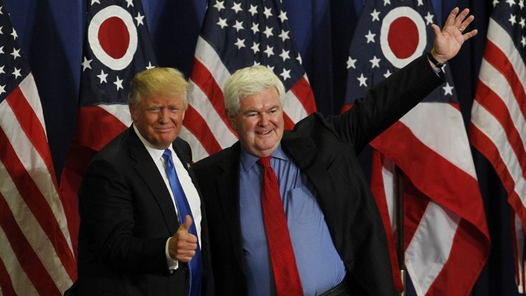 Former Speaker of the House Newt Gingrich introduces Republican Presidential candidate Donald Trump during a rally at the Sharonville Convention Center