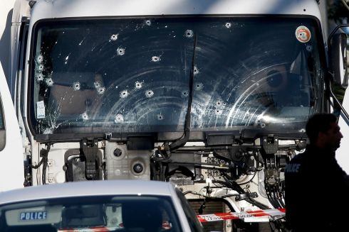 NICE ATTACK Bullet holes on a heavy truck the day after it drove into a crowd celebrating Bastille Day on the Promenade des Anglais in Nice France