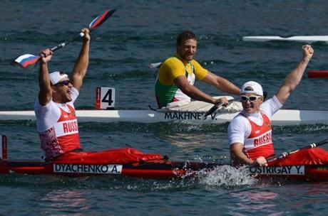 11 2012 shows Russia's Yury Postrigay and Alexander Dyachenko celebrating after winning the gold medal in the kayak double 200m men's final A during the London 2012 Olympic Games at Eton Dorney