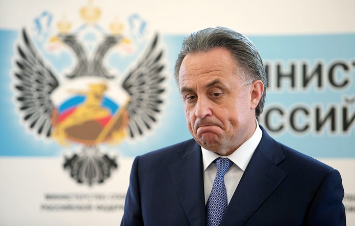 Russian Sports Minister Vitaly Mutko speaks to the media in Moscow Russia Thursday July 21. Mutko says the country's athletes who are banned from competing in next month's Olympics in Rio de Janeiro could go to a civil court to try and overturn the