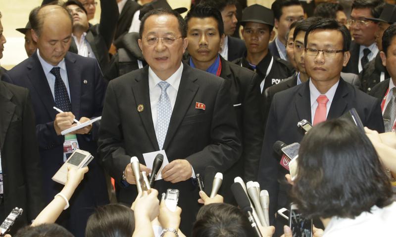 North Korea Foreign Minister Ri Yong Ho talks to reporters during the 23rd ASEAN regional meeting in Vientiane Laos Tuesday