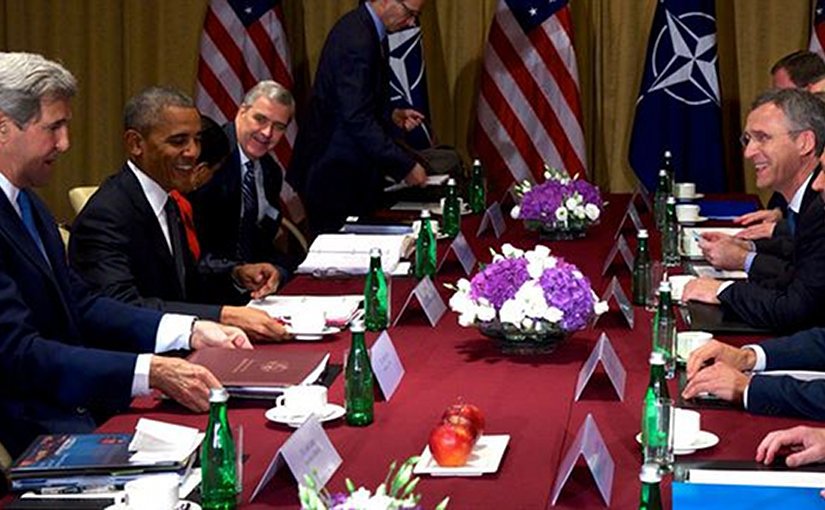 President Barack Obama meets with NATO Secretary General Jens Stoltenberg and other officials at the NATO Summit in Warsaw Poland