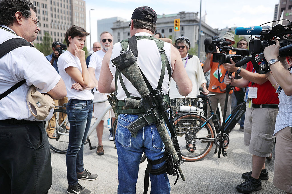 CLEVELAND OH- JULY 17 A lone member of a group supporting the carrying of weapons openly speaks to the media at what was supposed to be a march ahead of the Republican National Convention