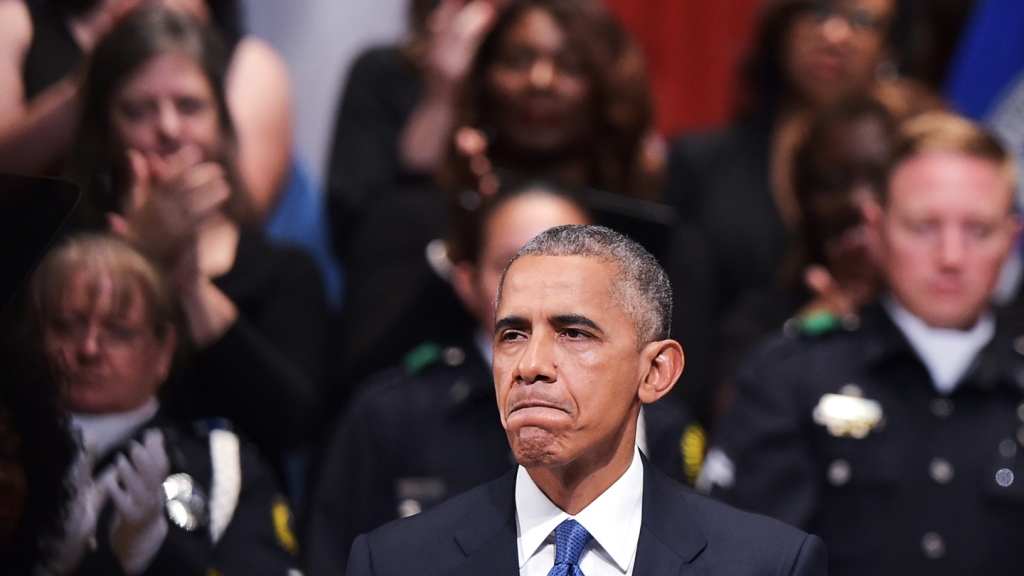 US President Barack Obama speaks during an interfaith memorial service for the victims of the Dallas police shooting at the Morton H. Meyerson Symphony Center