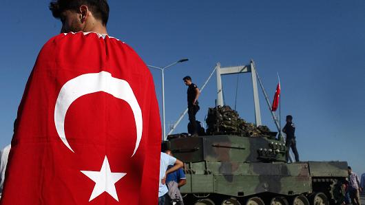 People gather for celebration around Turkish police officers loyal to the government standing atop tanks abandoned by Turkish army officers against a backdrop of Istanbul's iconic Bosporus Bridge in Istanbul