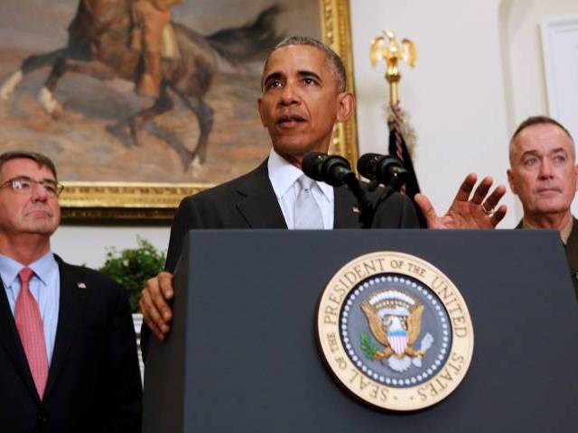 US President Barack Obama surrounded by U.S. Secretary of Defense Ash Carter and the Chairman of the Joint Chiefs of Staff USMC General Joseph Dunford Jr  delivers a statement from the Roosevelt Room on Afghanistan at the White House in Washingt