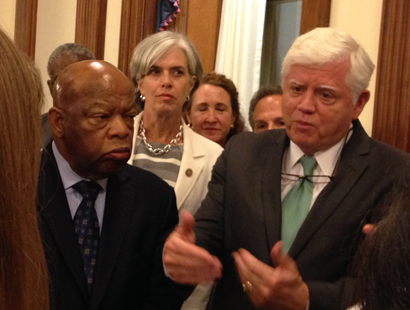 Democratic U.S. Reps. John Lewis left and John Larson following their meeting with Speaker of the House Paul Ryan