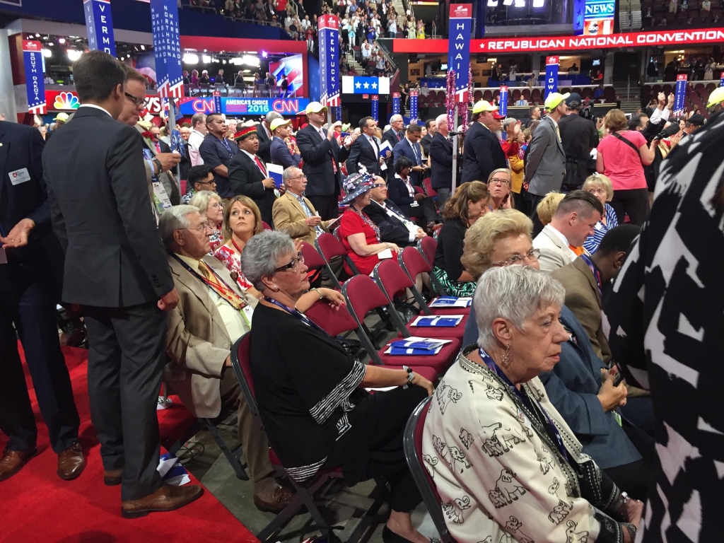 Ohio's Republican delegates begin to gather on the convention floor ahead of the roll call vote