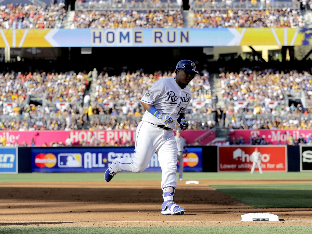 American League's Salvador Perez of the Kansas City Royals rounds the bases after hitting a two-run home run during the second inning of the MLB baseball All Star Game against the National League Tuesday