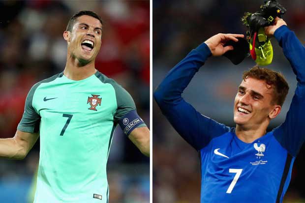 Portugal's Cristiano Ronaldo and France's Antoine Griezmann