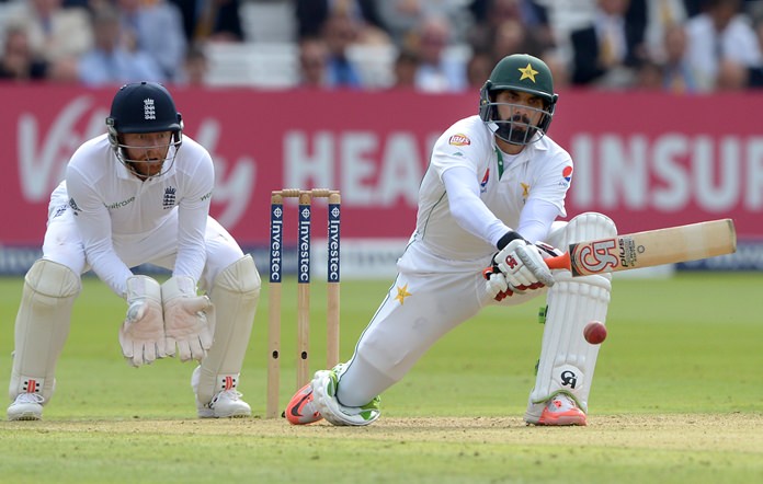 Pakistan's Misbah-Ul-Haq plays a reverse sweep during day one of the Test match at Lord's London Thursday July 14