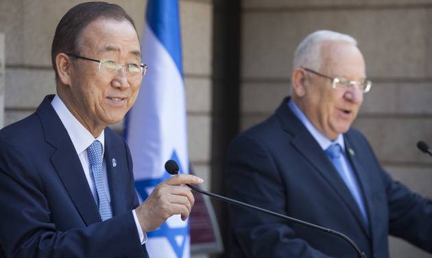 Israeli President Reuven Rivlin left and UN Secretary General Ban Ki-moon make statements to the press before their meeting at the presidential compound in Jerusalem Monday