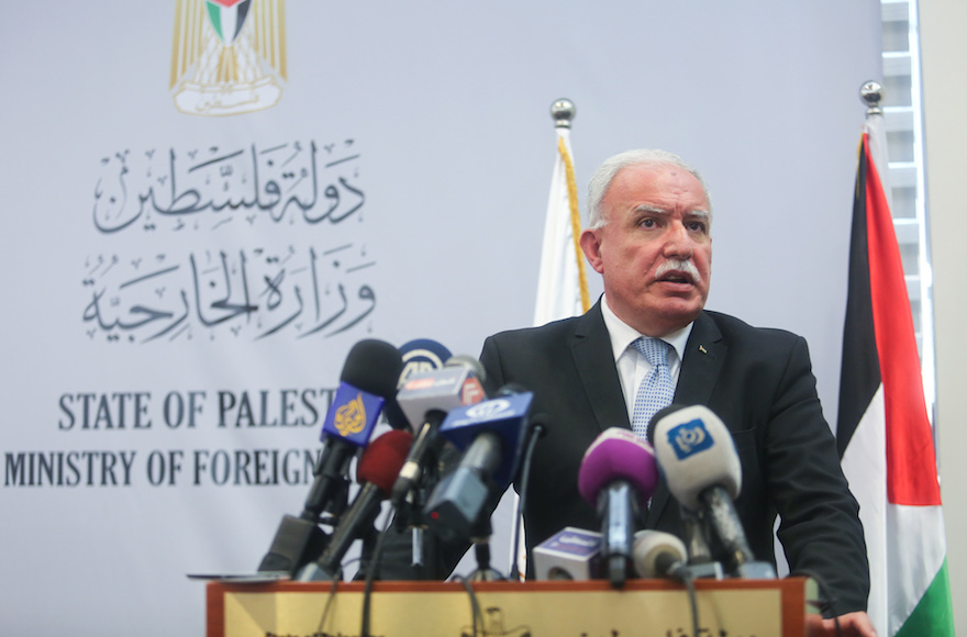 Palestinian foreign minister Riyad al Malki speaking during a press conference in the West Bank city of Ramallah Aug. 11 2015