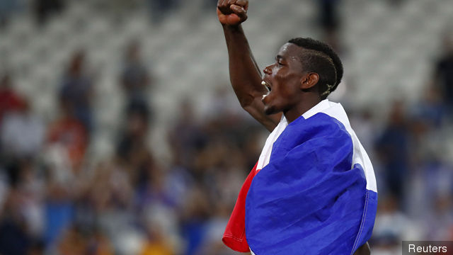 France's Paul Pogba celebrates at the end of the match