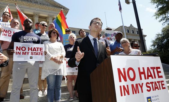 Director of Rabbinic Services for the Institute of Southern Jewish Life speaks on the steps of the Mississippi Capitol in Jackson Miss. Friday July 1 2016 as he and others celebrated Thursday's ruling of a federal judge