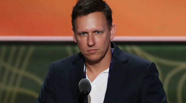 Peter Thiel co-founder of PayPal stands on stage prior to the start of the second day of the Republican National Convention on Tuesday. 
 Marketplace