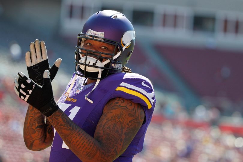 Oct 26 2014 Tampa FL USA Minnesota Vikings tackle Phil Loadholt reacts prior to the game against the Tampa Bay Buccaneers at Raymond James Stadium. Mandatory Credit Kim Klement-USA TODAY Sports