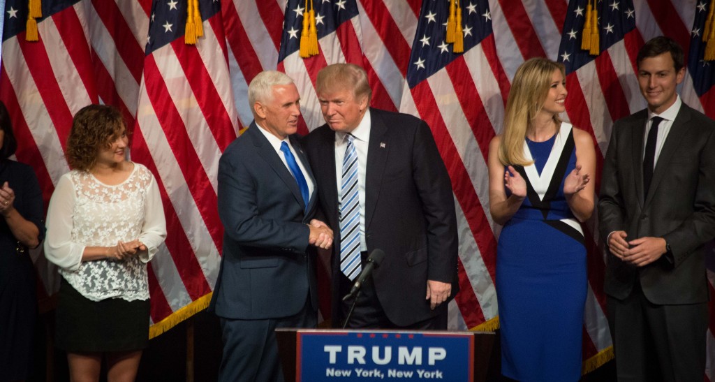 Donald Trump and Mike Pence at a vice presidential unveiling event in New