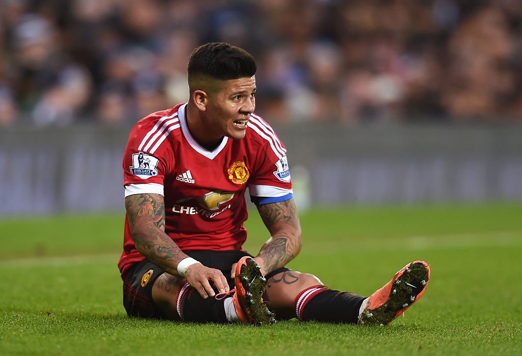 WEST BROMWICH ENGLAND- MARCH 06 Marcos Rojo of Manchester United grimaces during the Barclays Premier League match between West Bromwich Albion and Manchester United at The Hawthorns