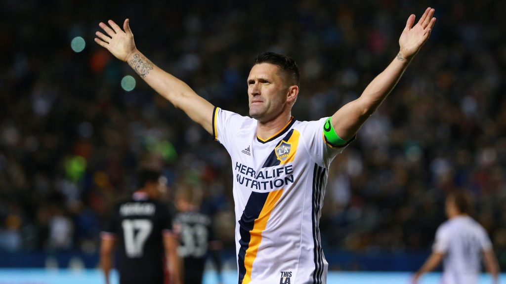 CARSON CA- MARCH 06 Robbie Keane #7 of Los Angeles Galaxy celebrates after scoring on a penalty kick in the second half of their MLS match against D.C. United at Stub Hub Center