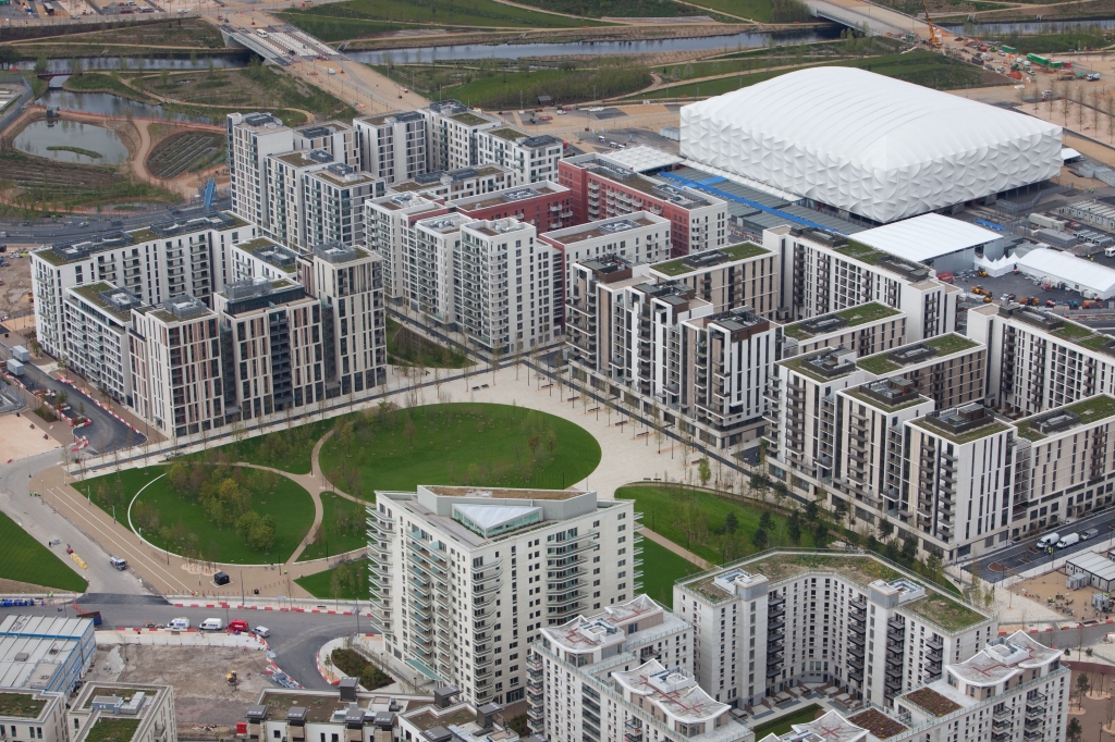 Aerial view of the Olympic Park showing the Olympic and Paralympic Village