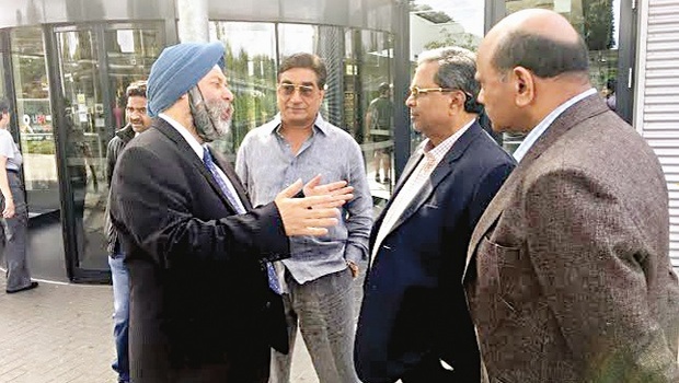 Chief Minister Siddaramaiah with Indian ambassador Manjeev Singh Puri at Antwerp University Hospital in Brussels on Thursday