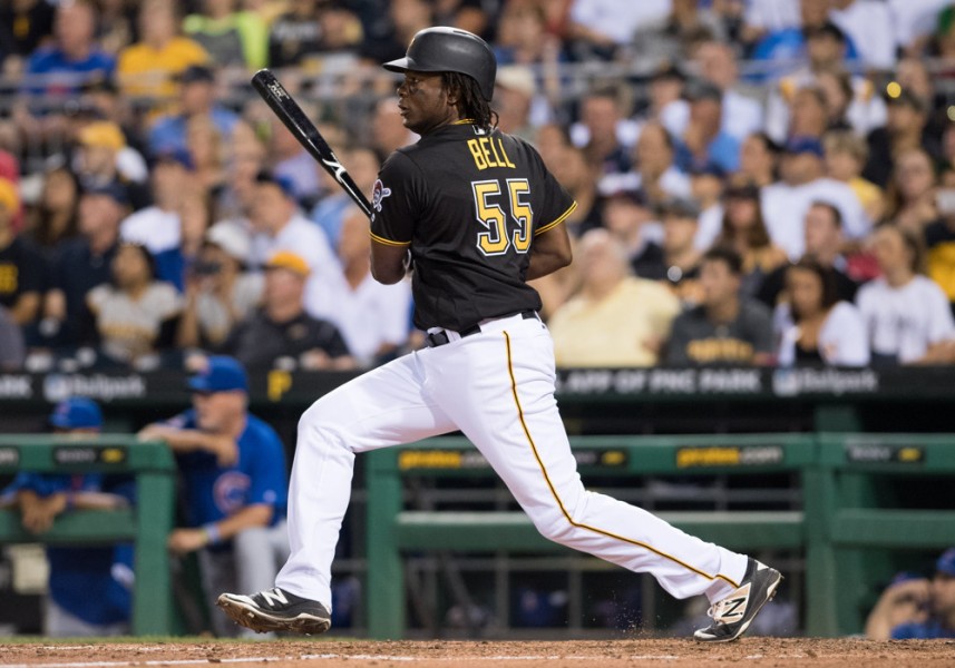 July 8 2016 Pittsburgh Pirates first baseman Josh Bell singles to right field for his first Major League Hit in the seventh inning during the game between the Pittsburgh Pirates and the Chicago Cubs at PNC Park in Pittsburgh Pennsylvania