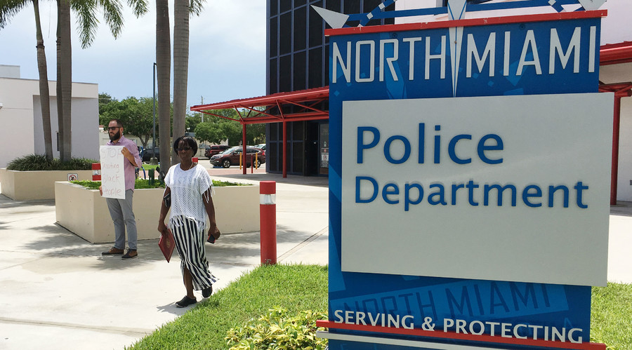 Miami resident Gabriel Pendas 33 stands alone outside the North Miami police department after a press conference in Miami Florida