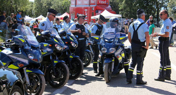 Police presence near the thirteenth stage of the Tour de France from Bourg-Saint-Andeol to La Caverne du Pont-d'Arc