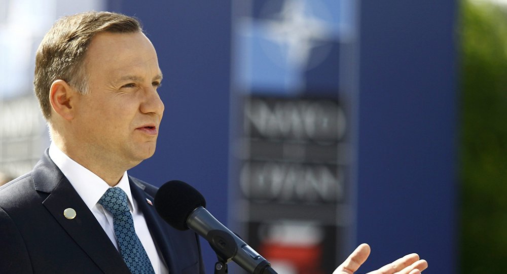 Poland's President Andrzej Duda speaks outside PGE National Stadium the venue of the NATO Summit in Warsaw Poland